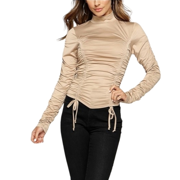 Long Sleeve Tight Fitted Mock Neck Ruched Top Taupe - Picture 1 of 7